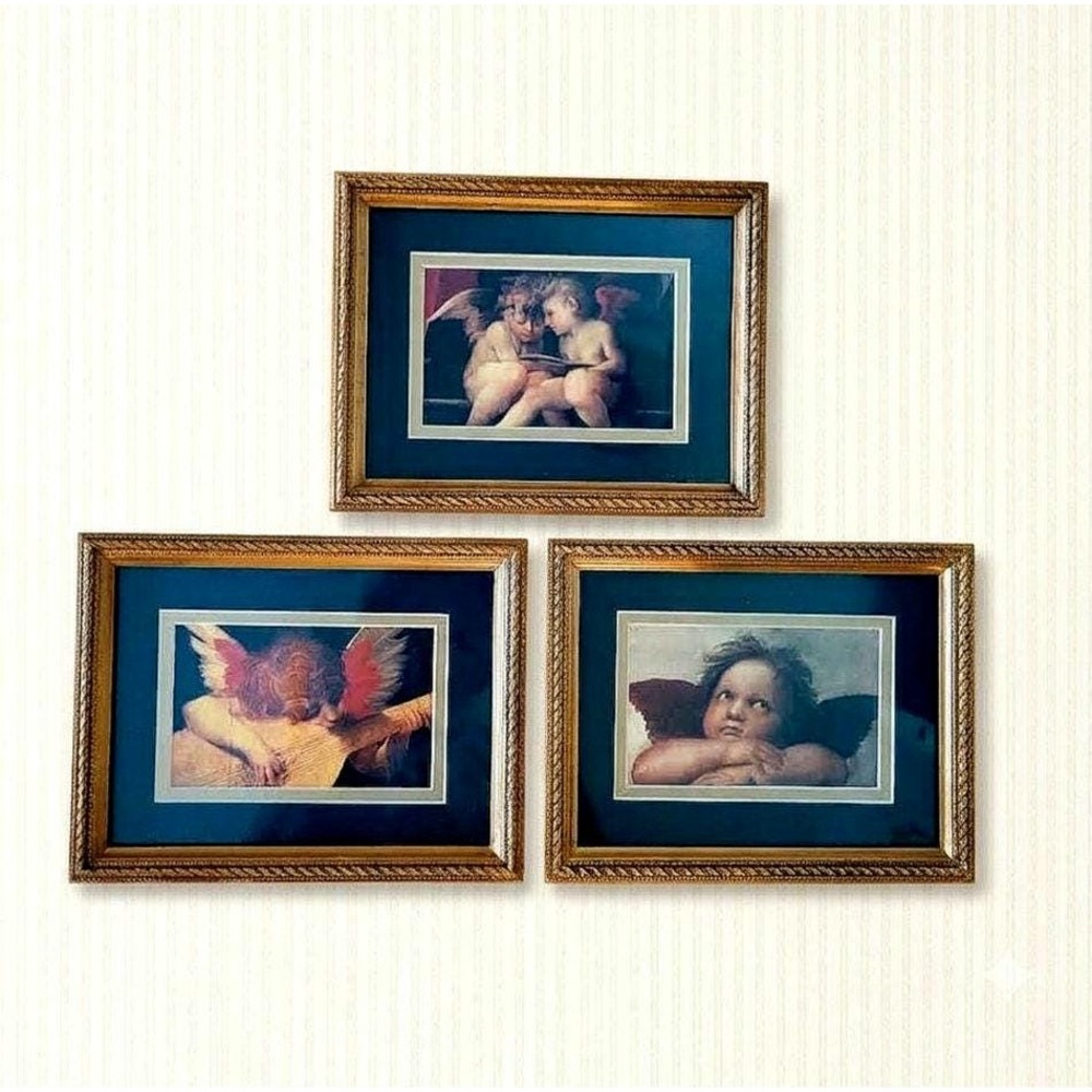 Vintage Italian Renaissance Cherub Framed Art Set of 3 Raphael Angels Print 7x9